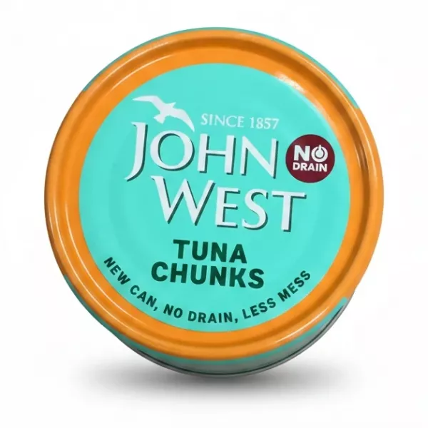 Tin of John West Tuna Chunks with orange and turquoise label