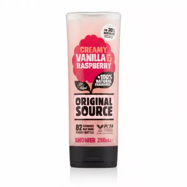 Original Source creamy vanilla and raspberry shower gel bottle front view
