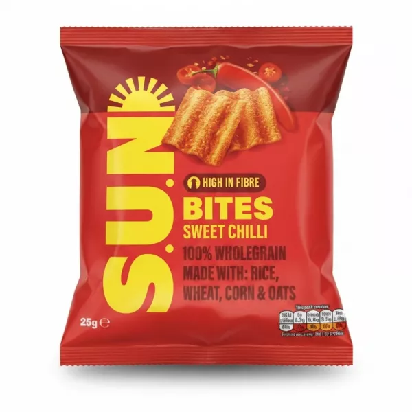 SUN Bites Sweet Chilli pack front showing wholegrain snack pieces