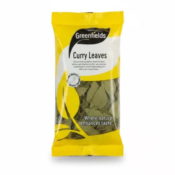 Pack of Greenfields Curry Leaves with yellow and white packaging on table