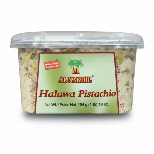 Close-up front label of Al Nakhil Halawa Pistachio tub