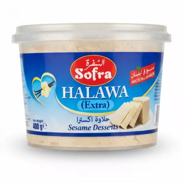 Sofra Halawa sesame dessert in clear plastic tub with blue label