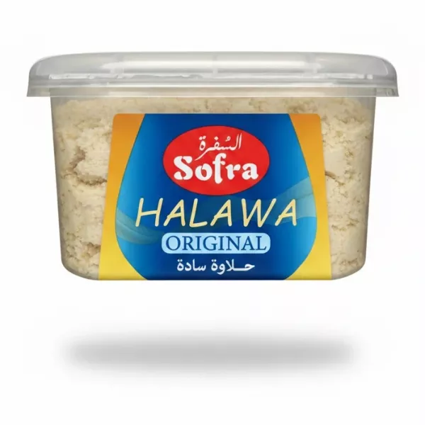 Sofra Original Halawa plastic container held in hand showing front label