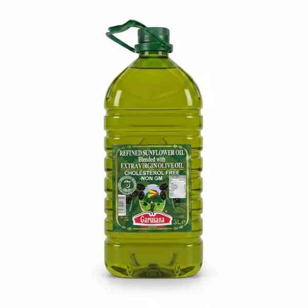 3 litre bottle of Garusana refined sunflower oil blended with extra virgin olive oil