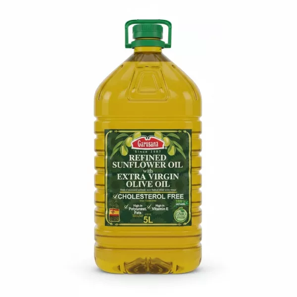 5 litre bottle of Garusana refined sunflower oil with extra virgin olive oil