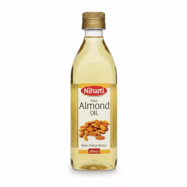 Bottle of Niharti Pure Almond Oil 500ml front label with almonds image