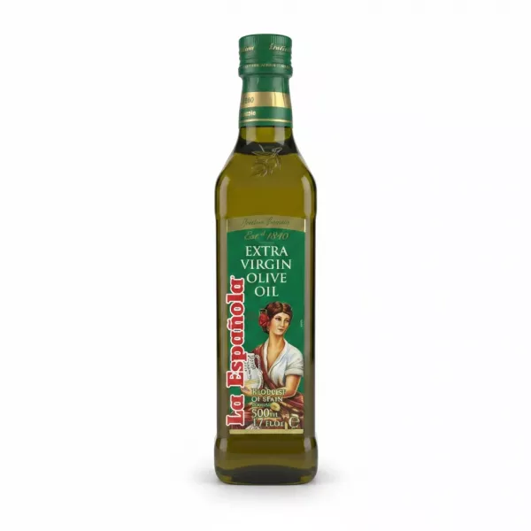 Bottle of La Española Extra Virgin Olive Oil with green label and woman illustration