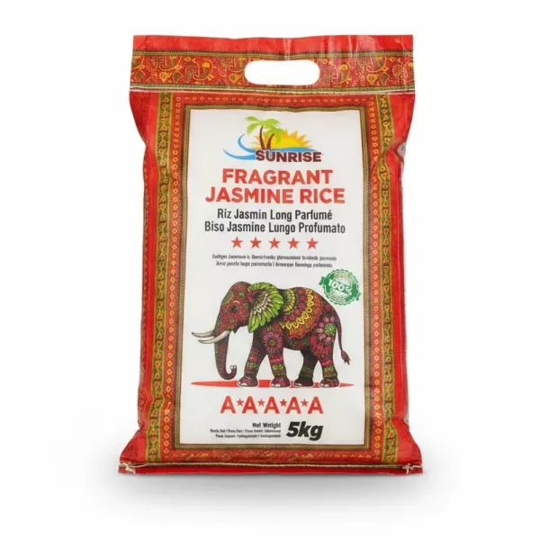 Sunrise Fragrant Jasmine Rice 5kg bag front packaging with decorative elephant