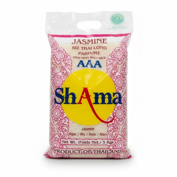 Full 5kg bag of Shama Jasmine Thai Long Grain Rice packaging front