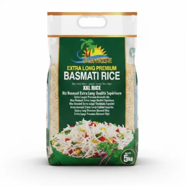 5kg pack of Sunrise Extra Long Premium Basmati Rice showing front packaging with product name and food image