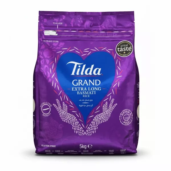 Front view of Tilda Grand Extra Long Basmati Rice 5kg resealable bag with purple and blue design