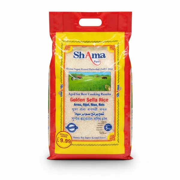 Shama Golden Sella Parboiled Rice 5kg front pack view