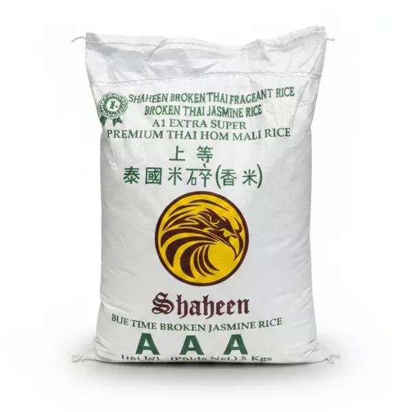 Bag of Shaheen Broken Thai Jasmine Rice with gold eagle logo