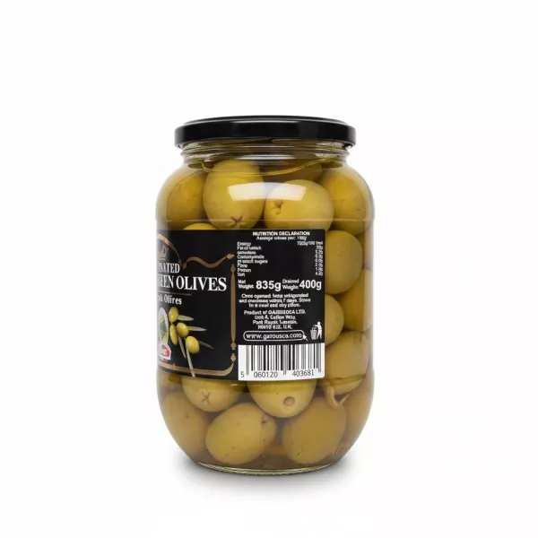 Back view of Garusana olive jar showing nutrition facts and barcode