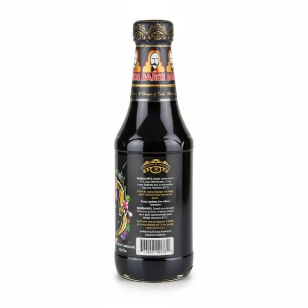 Back label of Baron Cassareep bottle detailing ingredients and barcode