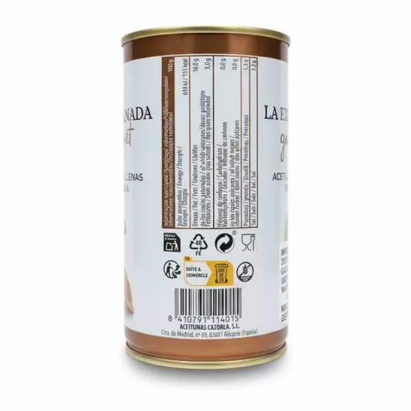 Nutritional information and barcode of La Explanada Gourmet anchovy stuffed olives tin