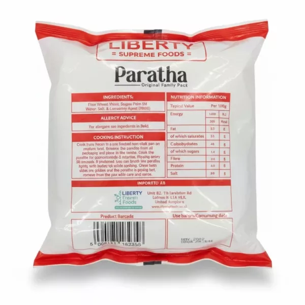 Back of Liberty Paratha pack showing ingredients and nutrition information
