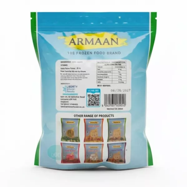Back view of Armaan frozen peeled garlic cloves packaging with nutritional info and barcode