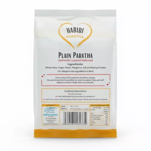 Back of Habibi Plain Paratha pack showing ingredients and nutrition