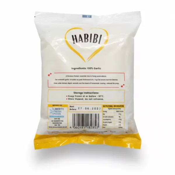 Back of Habibi Crushed Garlic pack showing ingredients and nutritional information