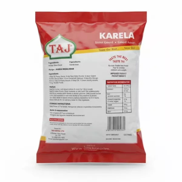 back of Taj frozen Karela pack showing nutrition and recipe