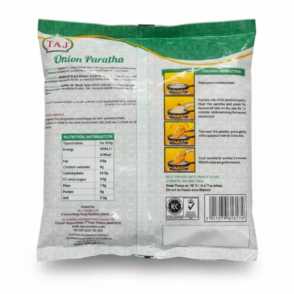 Back of Taj Onion Paratha package with cooking instructions, nutrition facts, and barcode