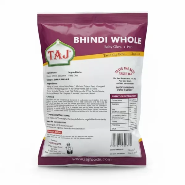 Back label of Taj Bhindi Whole Baby Okra with ingredients, cooking instructions, and nutrition facts