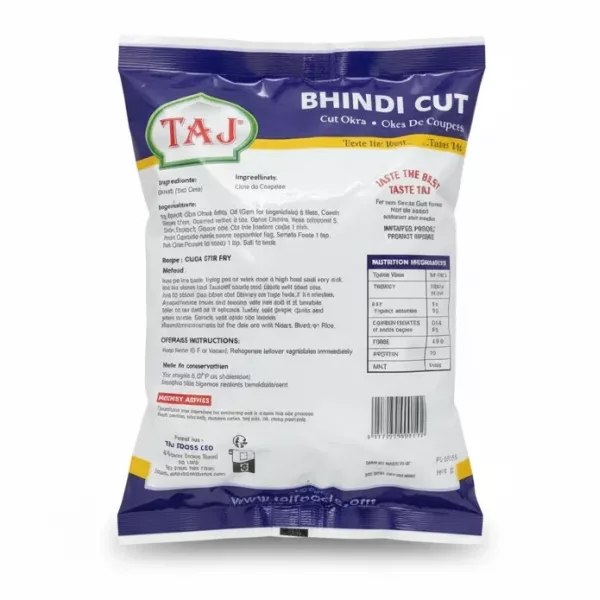 Back of Taj frozen cut okra pack with ingredients and nutrition info
