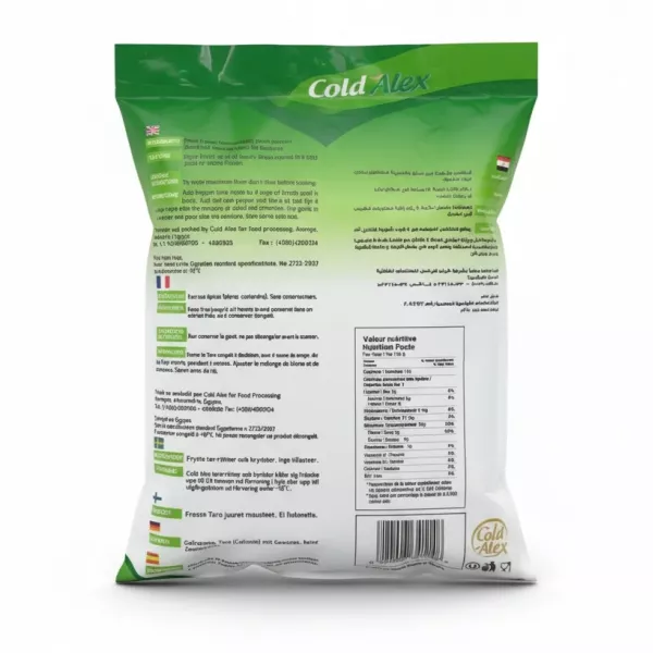 Cold Alex frozen taro roots with green mixture packaging back with ingredients and nutrition facts