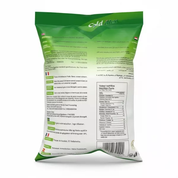 Cold Alex Frozen Artichoke Bottoms packaging back view with nutrition facts