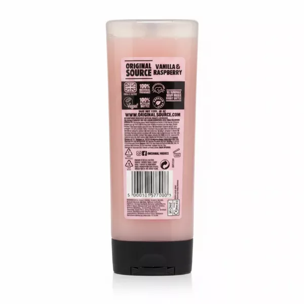 Original Source creamy vanilla and raspberry shower gel bottle back label and barcode