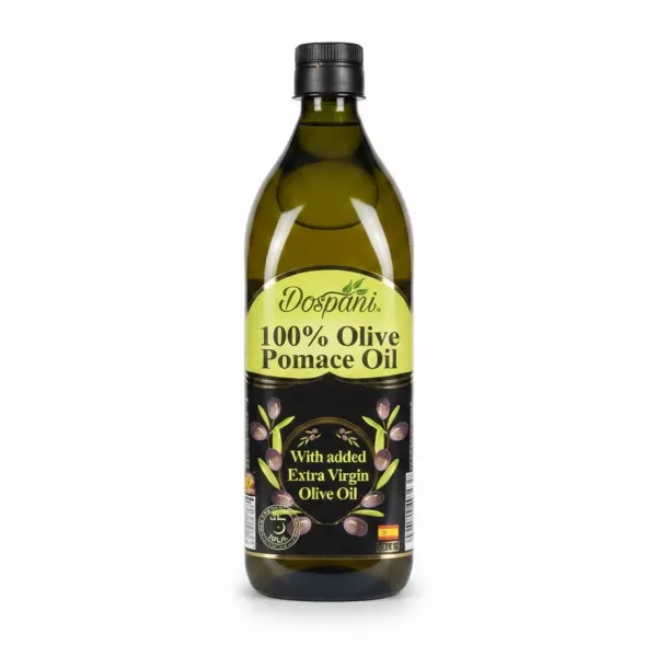 Bottle of Dospani 100% Olive Pomace Oil with green and black label