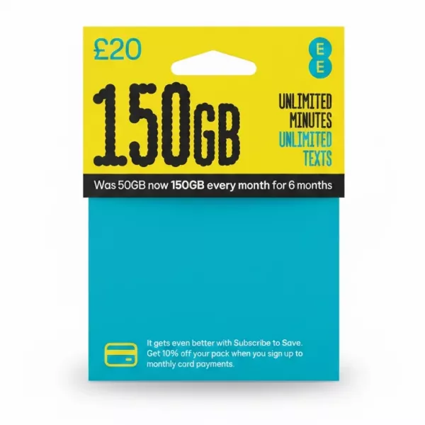 EE SIM pack card front with 150GB data offer