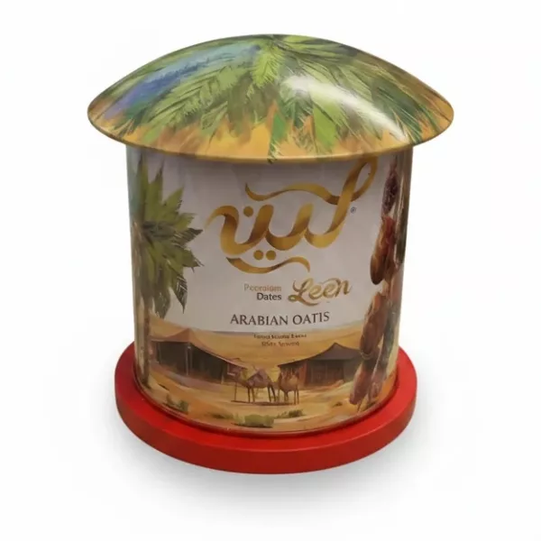 Leen Premium Dates Arabian Oasis with palm tree canopy lid and desert scene