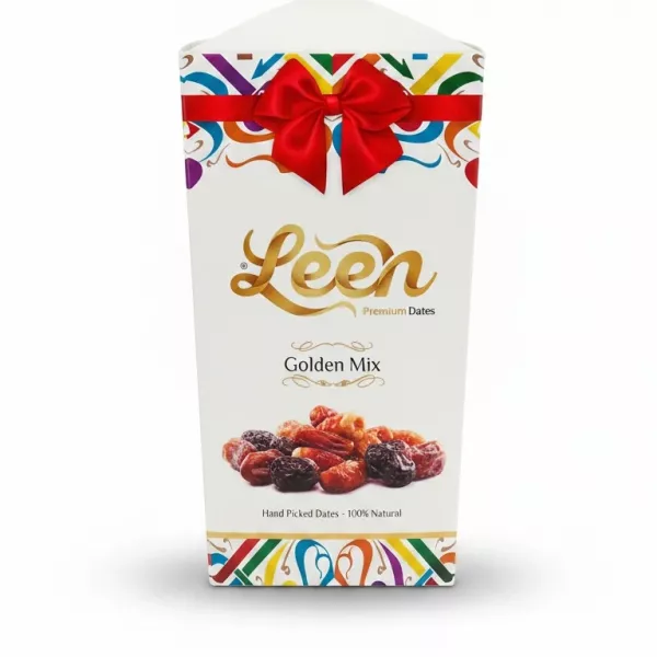 Leen Premium Dates Golden Mix box front showing product name and mixed dates image