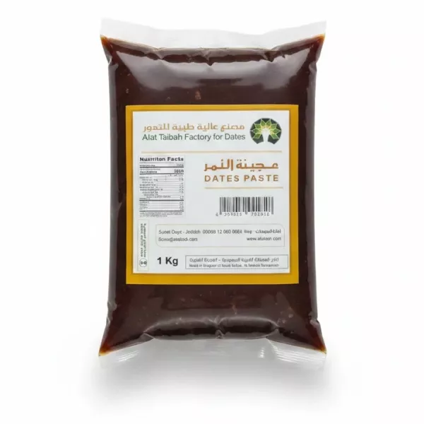 Vacuum-sealed 1kg packet of Alat Taibah Dates Paste showing front label