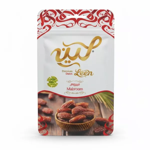 Package of Leen Premium Mabroom Dates with red decorative pattern