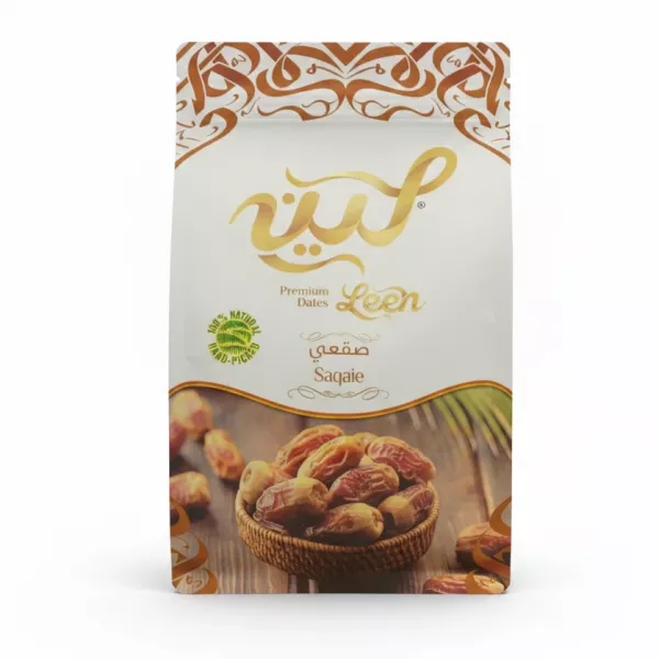 Leen Premium Saqaie Dates pack front showing dates in a basket