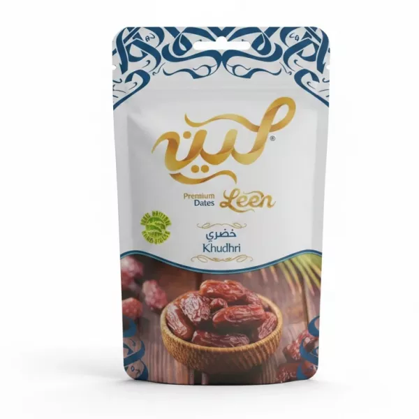 Front view of Leen Premium Khudri Dates pouch with elegant design