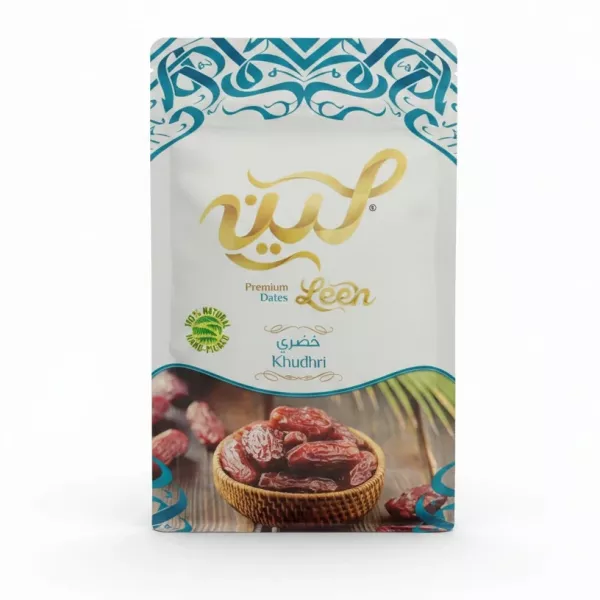 Leen Premium Khudhri Dates front packaging with basket of dates image