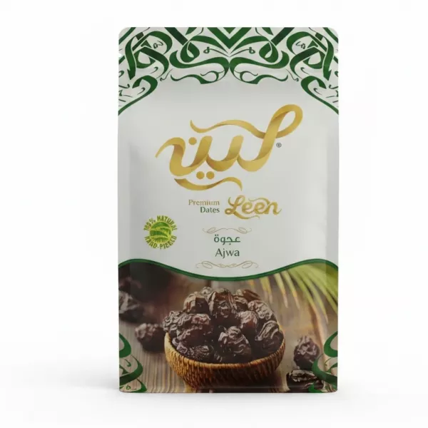 Front packaging of Leen Premium Ajwa Dates showing the product and brand logo