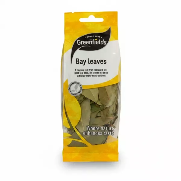 Greenfields Bay Leaves packet front view with yellow and white design