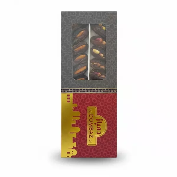 Box of pitted dates filled with pistachio and almond nuts