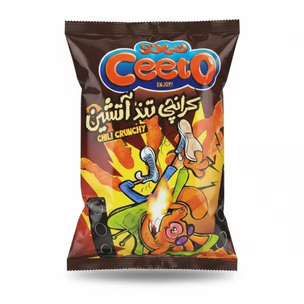 Front view of Ceeto Chili Crunchy Corn Snack pack with colourful fiery design