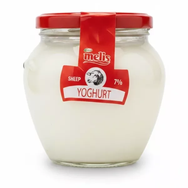 Melis Sheep Yoghurt in a clear glass jar with red lid and label