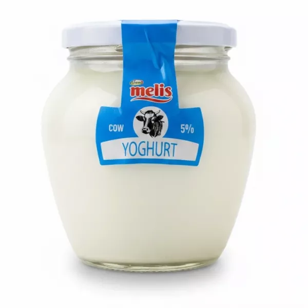 Glass jar of Melis cow milk yoghurt with blue and white label