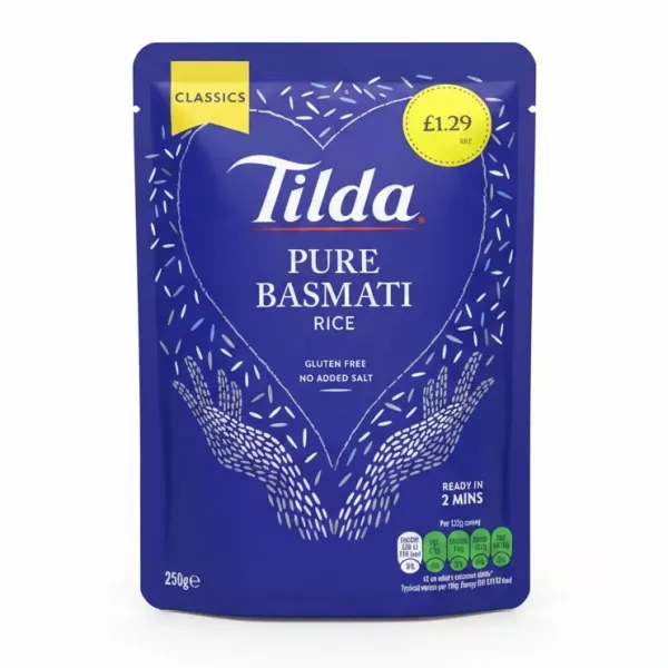 front packaging of Tilda Pure Basmati Rice showing price and brand