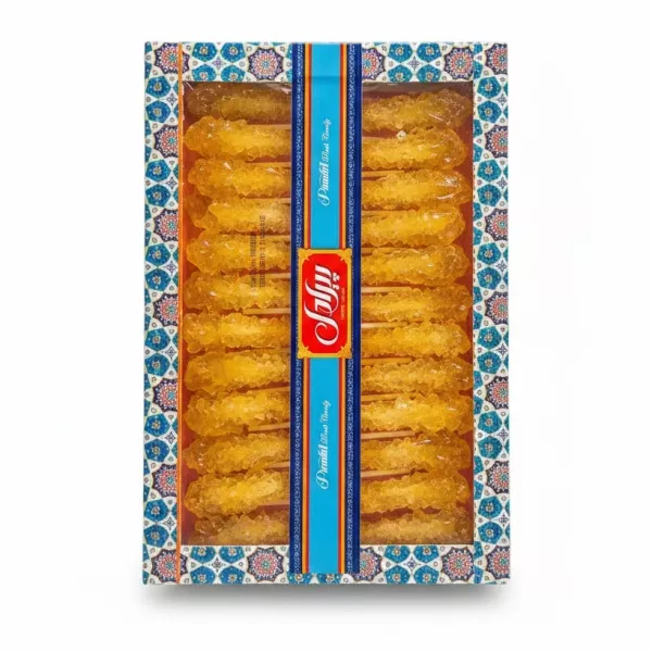 Box of Piradel Premium Saffron Rock Candy sticks arranged neatly