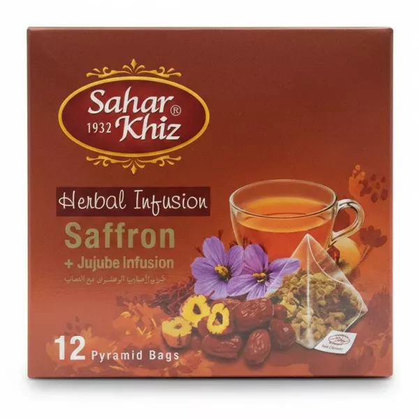 Front view of Sahar Khiz Saffron and Jujube herbal infusion tea box