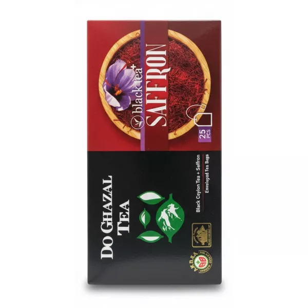 Do Ghazal Black Tea with Saffron packaging front showing a bowl of saffron strands and flower